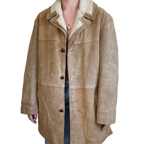 Vintage 80s Mens Aldens Tan Brown Suede Faux Shearling Lined Western Jacket 44R - Picture 4 of 11